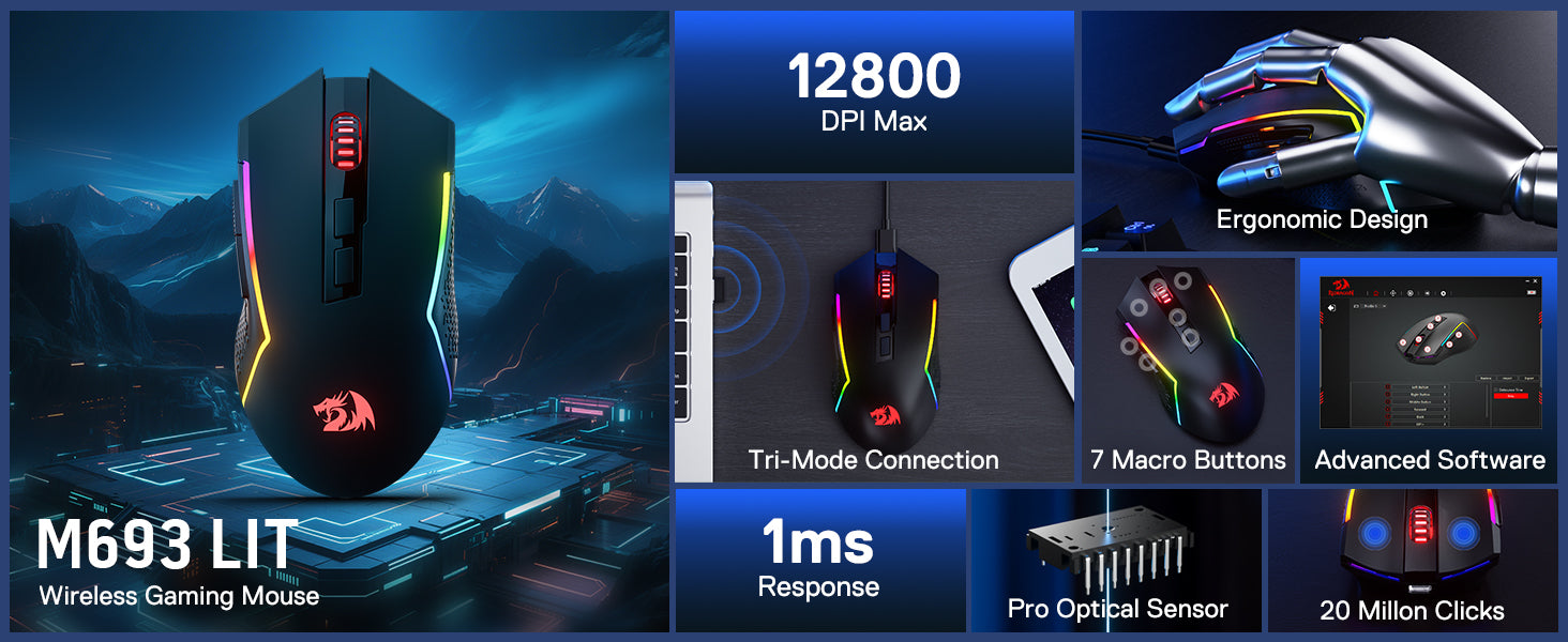 Redragon M693 LIT Wireless Gaming Mouse – 12,800 DPI, 3-Mode Connection (Bluetooth & 2.4G), 7 Macro Buttons