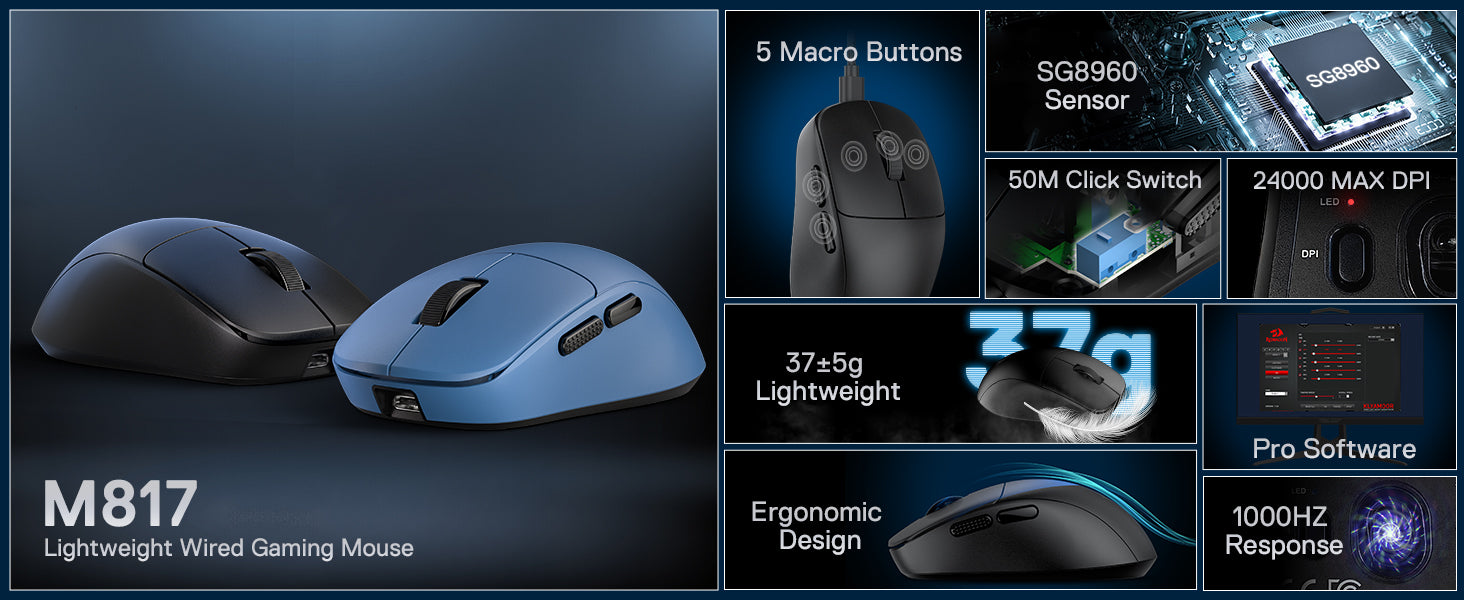 Redragon M817 Wired Gaming Mouse – 24,000 DPI Optical Sensor, 5 Programmable Buttons, Ergonomic Design, 37g Ultra-Lightweight