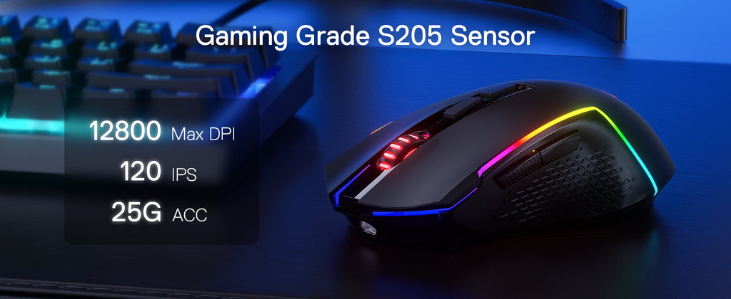 Redragon M693 LIT Wireless Gaming Mouse – 12,800 DPI, 3-Mode Connection (Bluetooth & 2.4G), 7 Macro Buttons