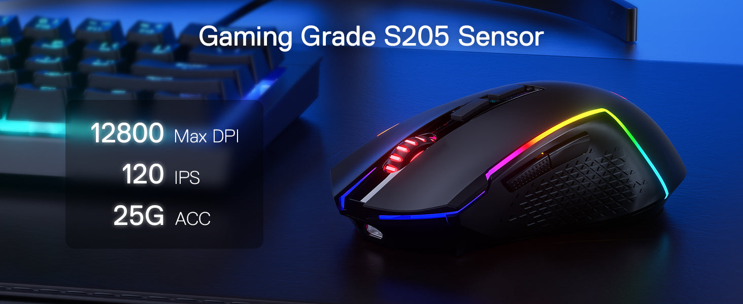 Redragon M693 LIT Wireless Gaming Mouse – 12,800 DPI, 3-Mode Connection (Bluetooth & 2.4G), 7 Macro Buttons