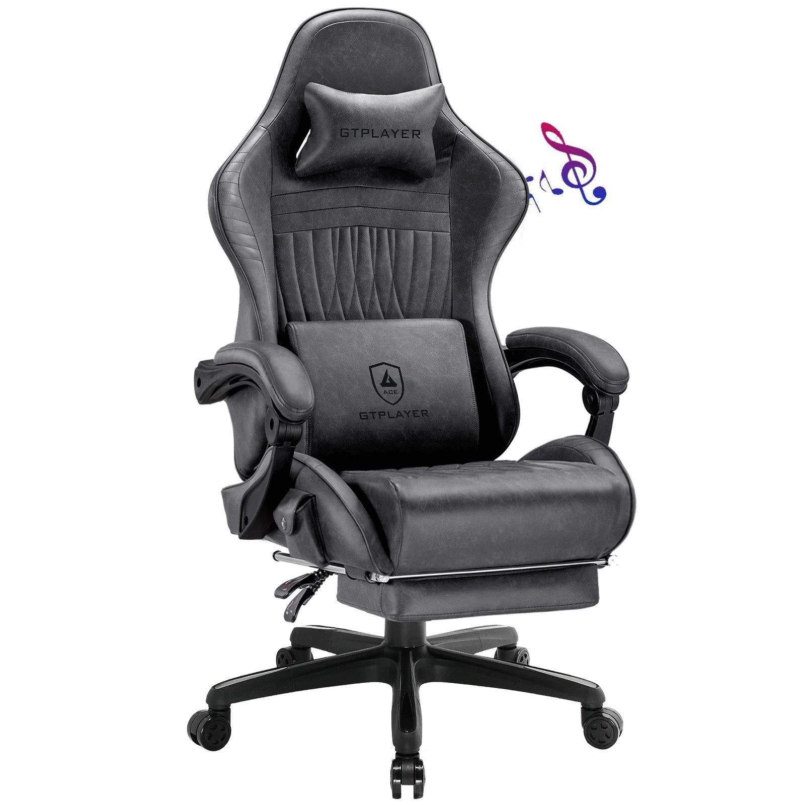 GTPLAYER Gaming Chair Adjustable Ergonomic Faux Leather Swiveling PC & Racing Game Chair with Built-in Speakers,Footrest