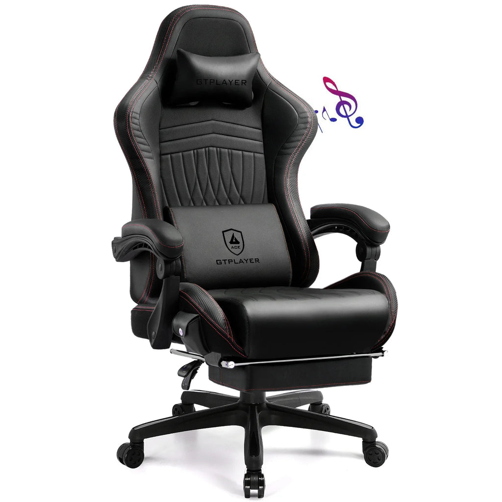 GTPLAYER Gaming Chair Adjustable Ergonomic Faux Leather Swiveling PC & Racing Game Chair with Built-in Speakers,Footrest