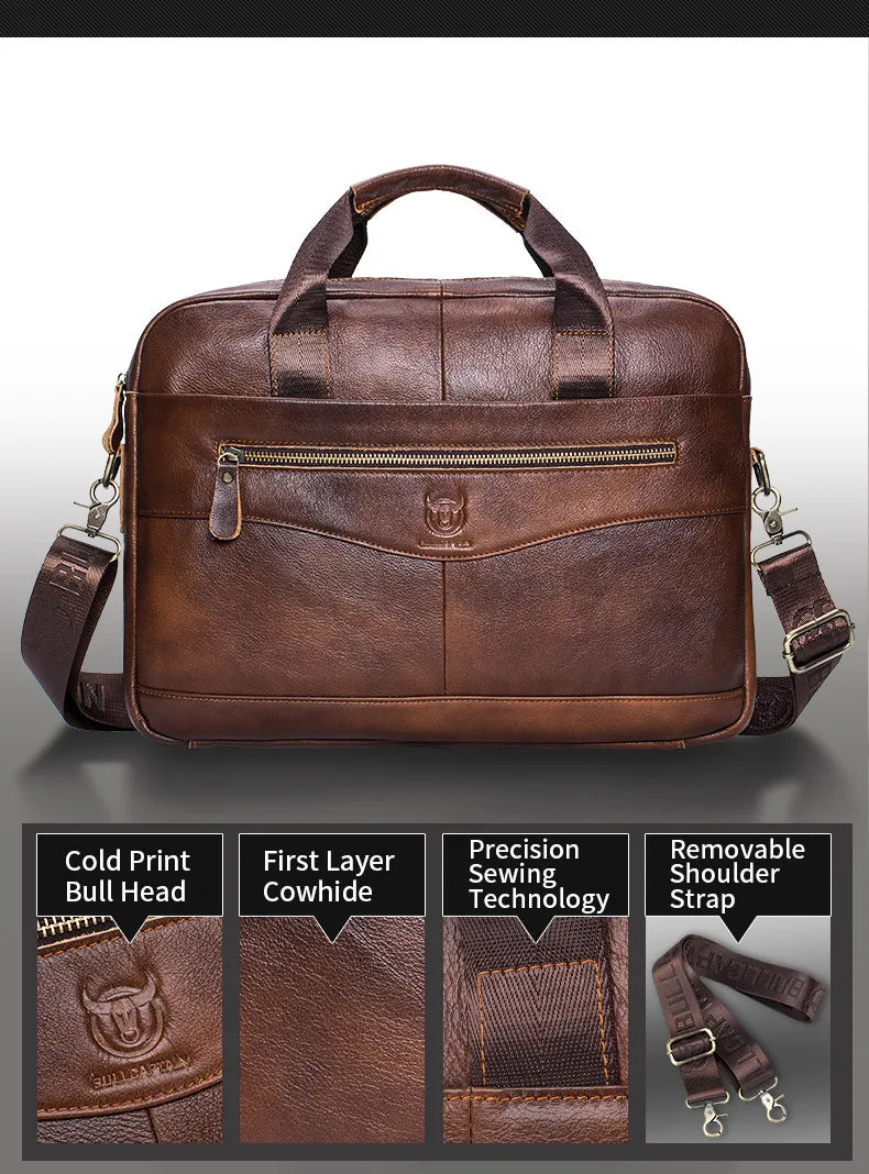 BULLCAPTAIN Genuine Leather 14-inch Laptop Briefcase - Men's Shoulder Messenger Bag for Office & Business