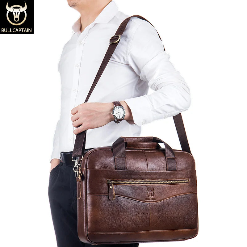 BULLCAPTAIN Genuine Leather 14-inch Laptop Briefcase - Men's Shoulder Messenger Bag for Office & Business