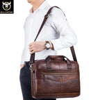 BULLCAPTAIN Genuine Leather 14-inch Laptop Briefcase - Men's Shoulder Messenger Bag for Office & Business