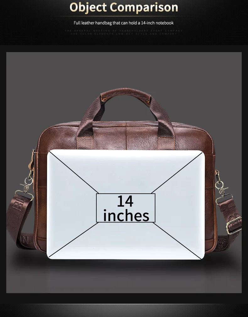 BULLCAPTAIN Genuine Leather 14-inch Laptop Briefcase - Men's Shoulder Messenger Bag for Office & Business