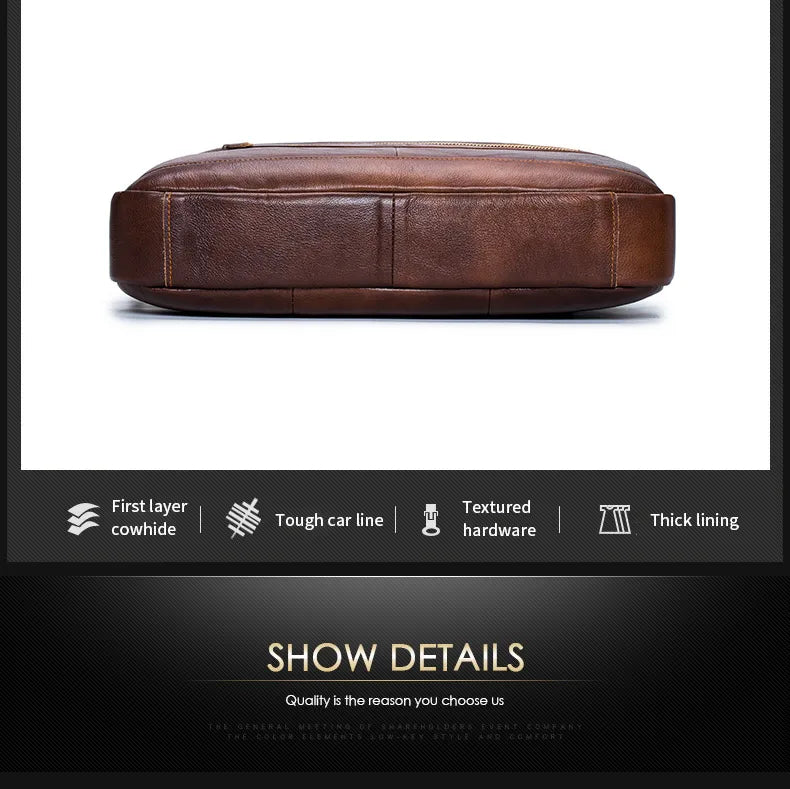 BULLCAPTAIN Genuine Leather 14-inch Laptop Briefcase - Men's Shoulder Messenger Bag for Office & Business