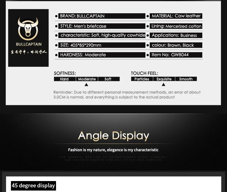 BULLCAPTAIN Genuine Leather 14-inch Laptop Briefcase - Men's Shoulder Messenger Bag for Office & Business