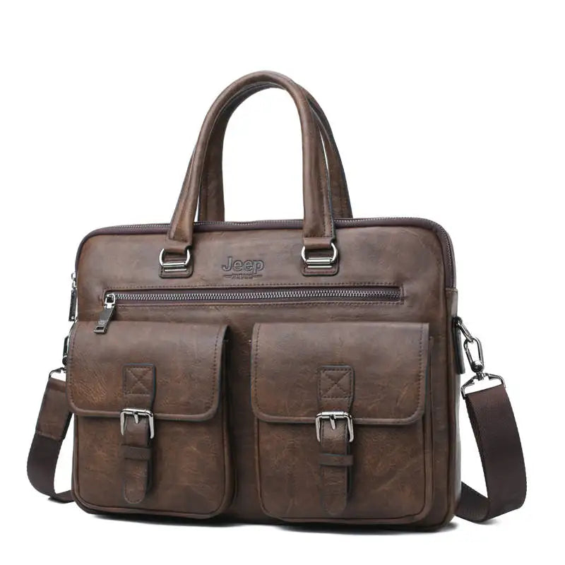 JEEP BULUO Men's Business Briefcase Set (2-Piece) - Split Leather 13.3 Inch Laptop & A4 Bag for Office & Casual Use