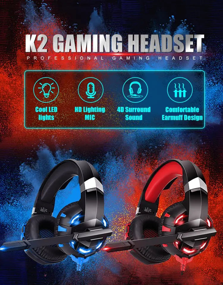 Professional Wired Gaming Headset – LED Light, Bass Stereo Sound, Mic for PC/PS4/PS5/Xbox