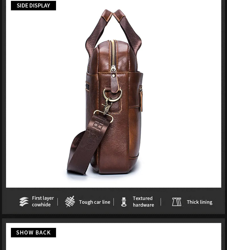 BULLCAPTAIN Genuine Leather 14-inch Laptop Briefcase - Men's Shoulder Messenger Bag for Office & Business