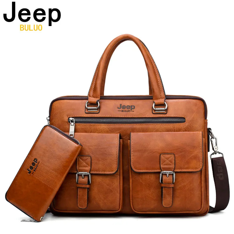 JEEP BULUO Men's Business Briefcase Set (2-Piece) - Split Leather 13.3 Inch Laptop & A4 Bag for Office & Casual Use