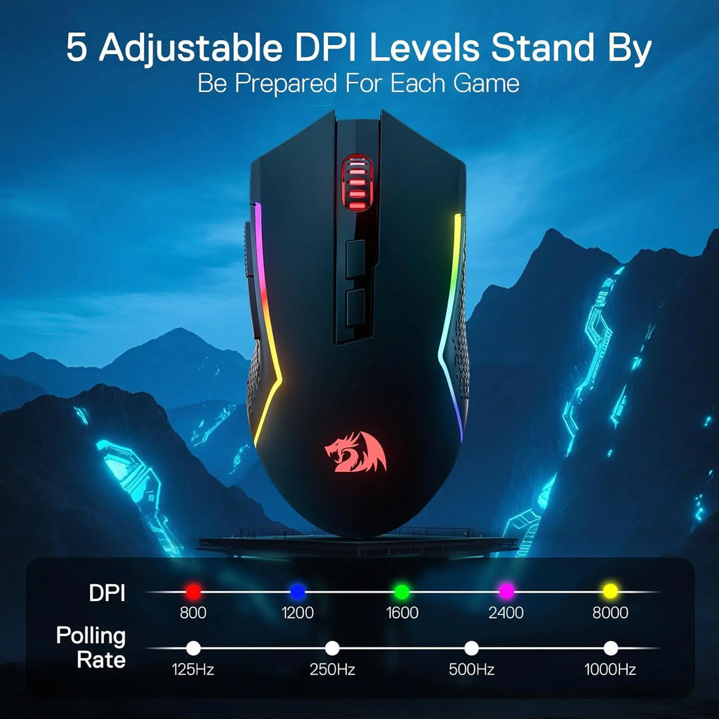 Redragon M693 LIT Wireless Gaming Mouse – 12,800 DPI, 3-Mode Connection (Bluetooth & 2.4G), 7 Macro Buttons