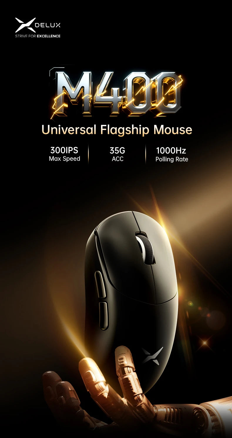 Delux M400 Wireless Gaming Mouse – 24,000 DPI, 1KHz Polling Rate, PAW3311 Sensor, Tri-Mode, 500mAh Rechargeable, for All Hand Sizes