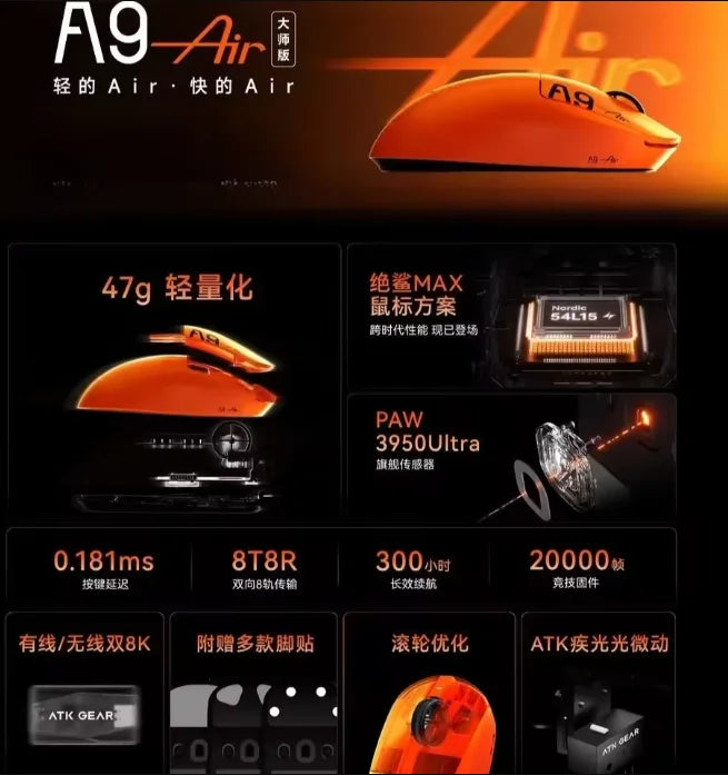 ATK A9 Air Ultimate Dual-Mode Wireless Gaming Mouse – PAW3950 Ultra Sensor, Dual 8K Polling, Lightweight Esports FPS Mouse, for PC Gamers