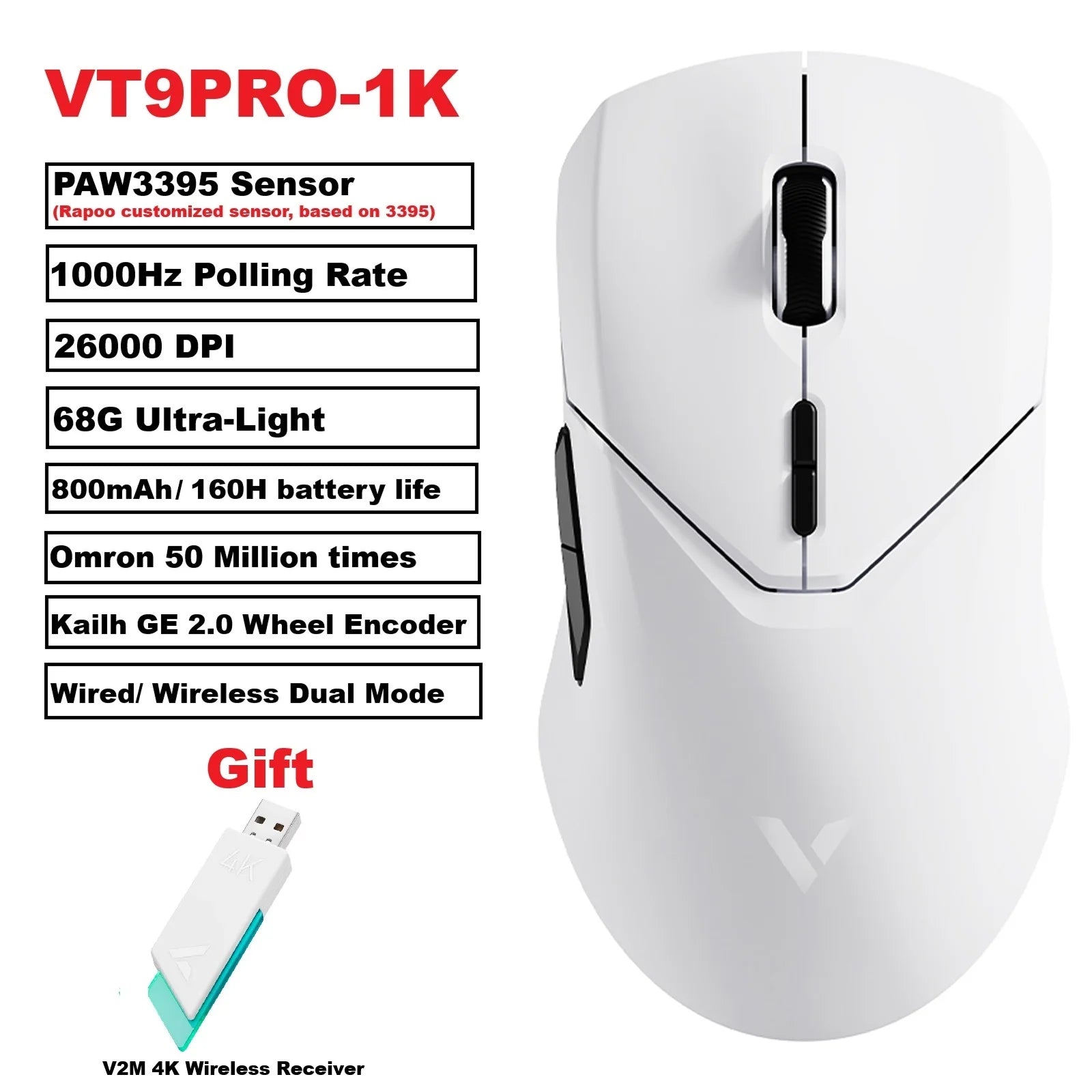 Rapoo VT9 PRO Wireless Gaming Mouse – PAW3398 Sensor, 26,000 DPI, 68g Lightweight, Wired & Wireless, 160H Long Battery Life