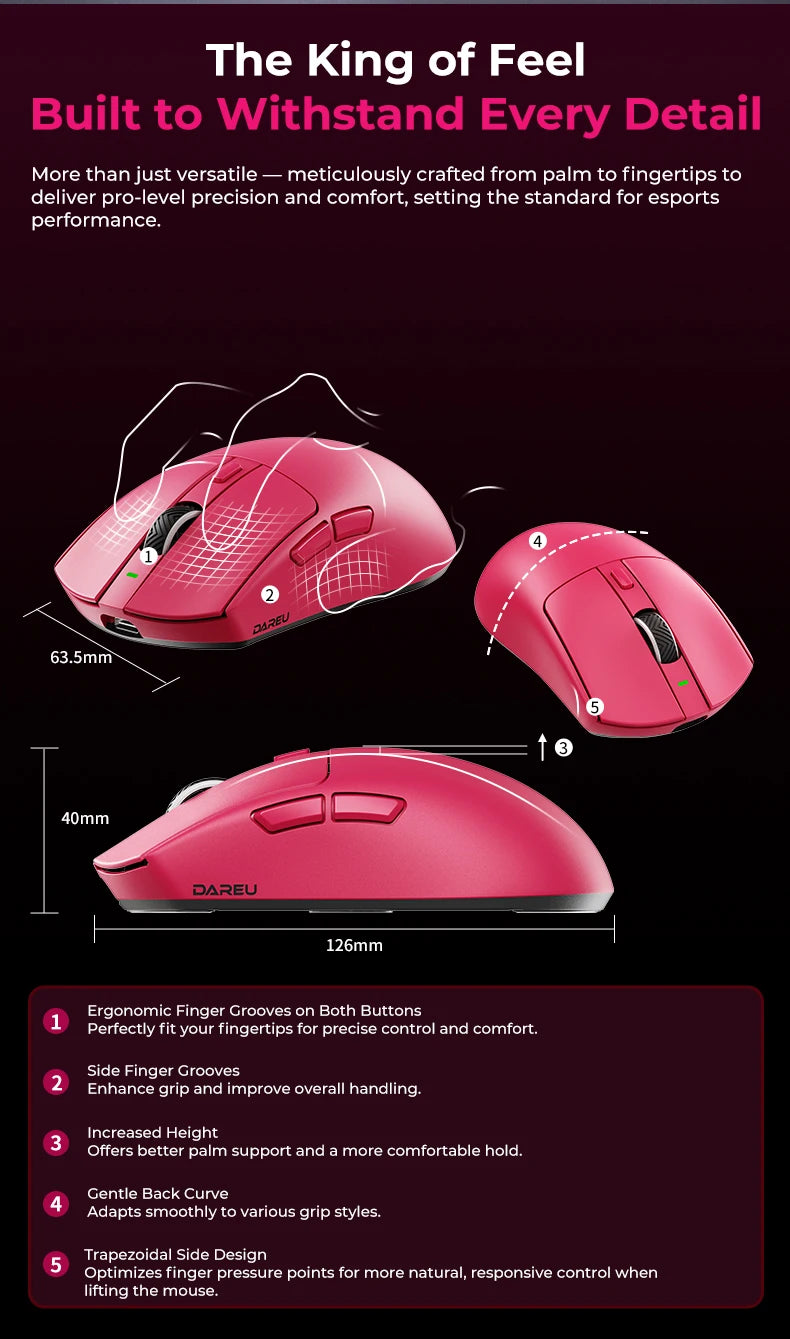 DAREU Wireless Gaming Mouse – 8KHz Polling Rate, AIM-750 (PAW3950) Sensor, 30,000 DPI, Tri-Mode Connection, 60g Lightweight, with Charging Base
