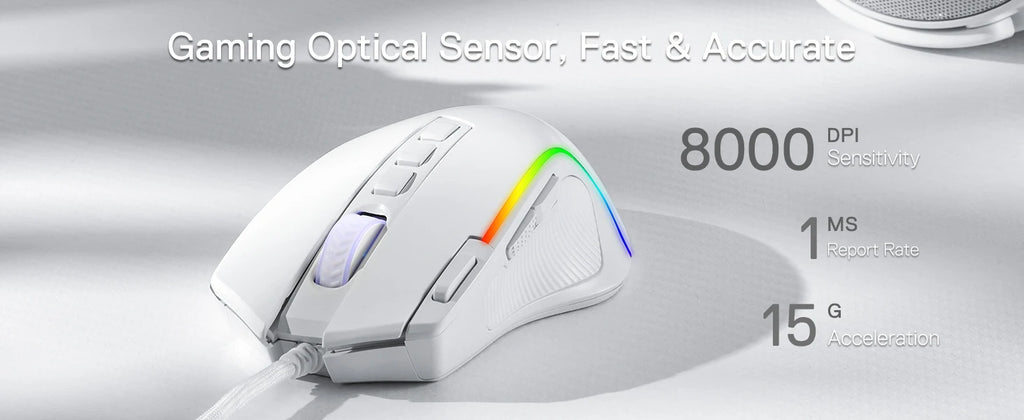 Redragon M612 Predator RGB Wired Gaming Mouse – 8,000 DPI Optical Sensor, 11 Programmable Buttons, White