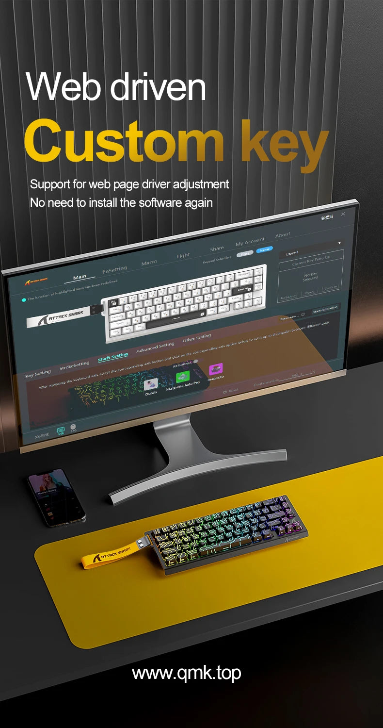 ATTACK SHARK X68HE Magnetic Mechanical Keyboard – Red Switch, Wired, 0.01mm Rapid Trigger, 8000Hz, SOCD/RS, 0.125ms, 128K Rate