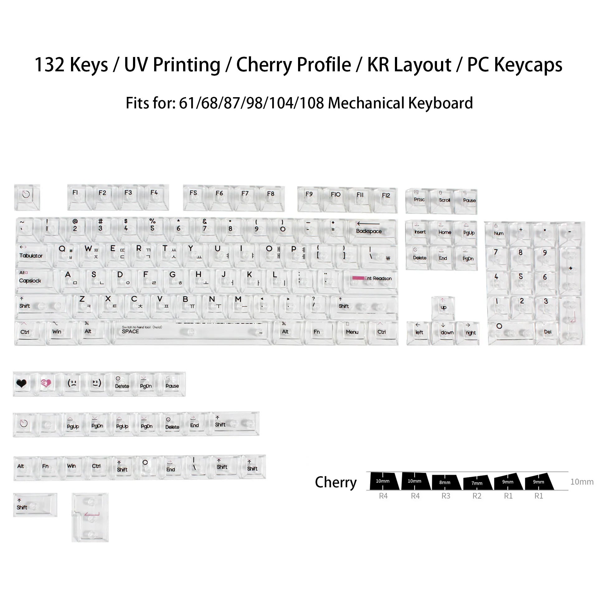 132 Keys Korean Layout Keycaps – Cherry Profile, White Transparent PC Keycaps, UV Printing Crystal Keycaps for MX Switches Gaming Keyboard