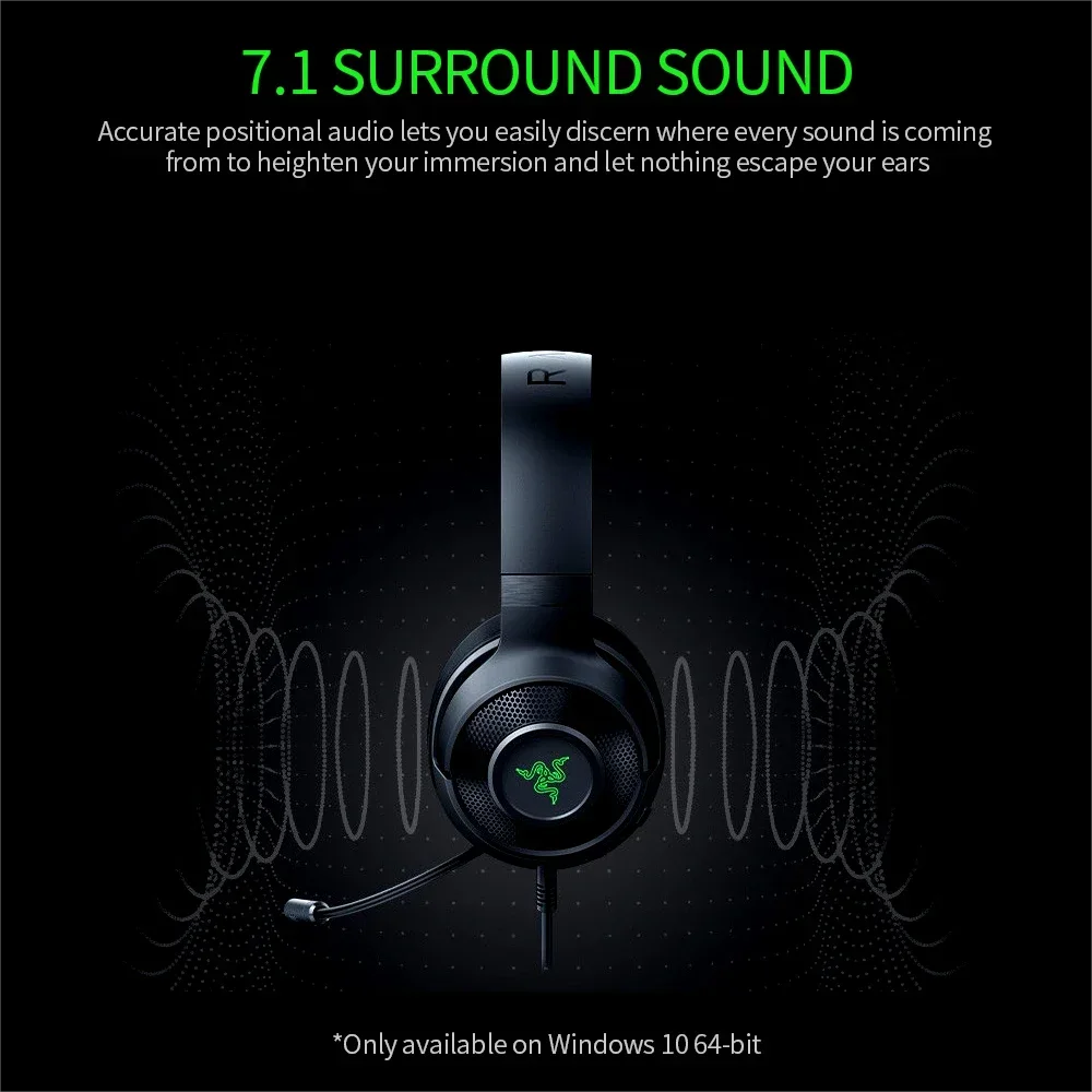 Razer Kraken X Essential Gaming Headset – 7.1 Surround Sound, Cardioid Mic, 40mm Drivers
