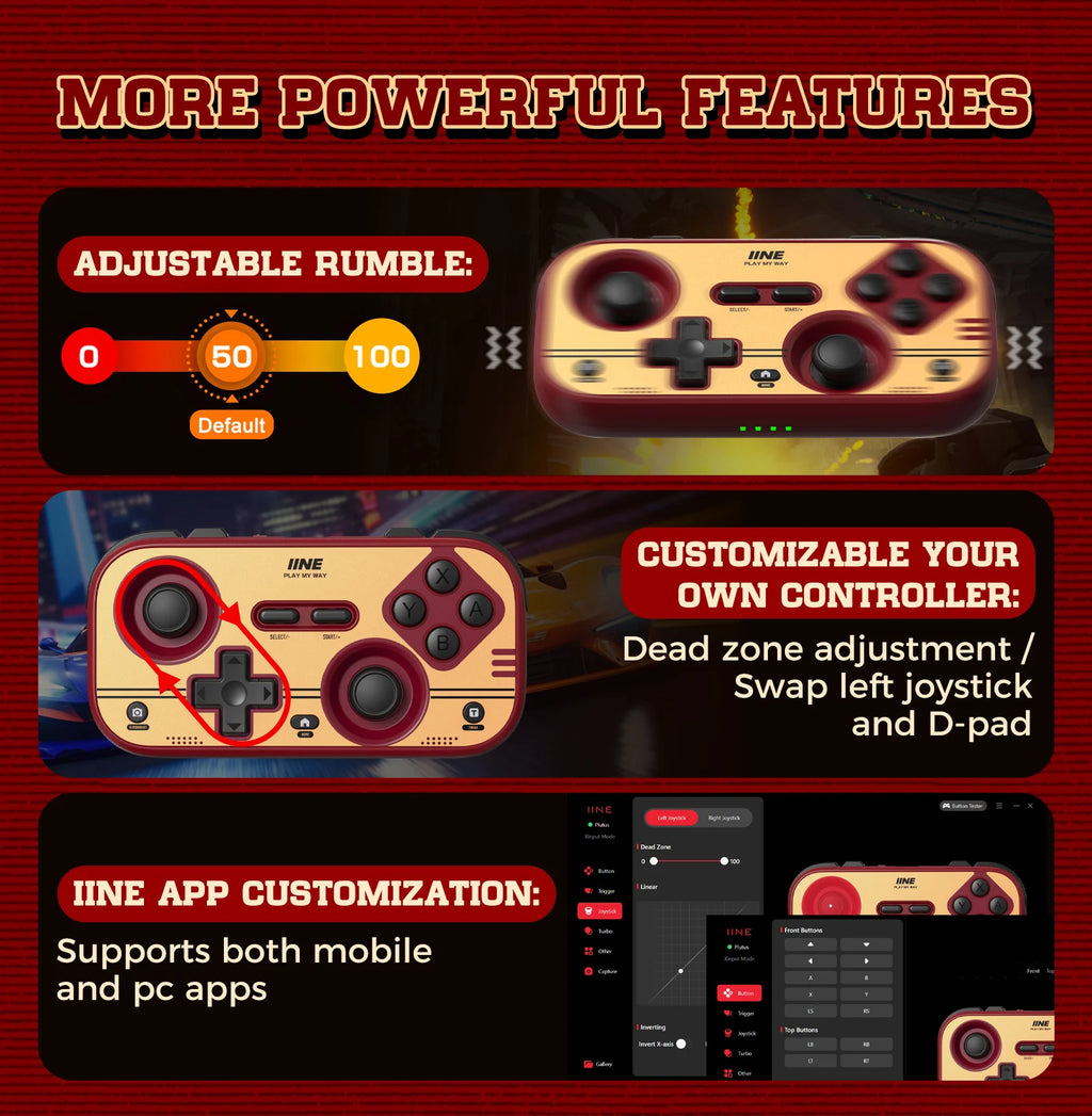 INE Retro Red Pocket Controller - Hall Effect Joysticks, 1000Hz Polling Rate, 6-Axis Gyro, Portable for Switch/PC/Mobile