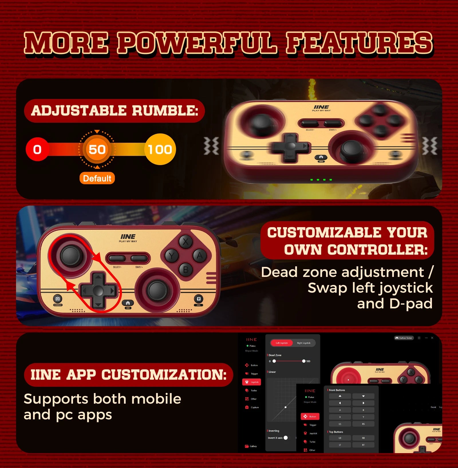 INE Retro Red Pocket Controller - Hall Effect Joysticks, 1000Hz Polling Rate, 6-Axis Gyro, Portable for Switch/PC/Mobile