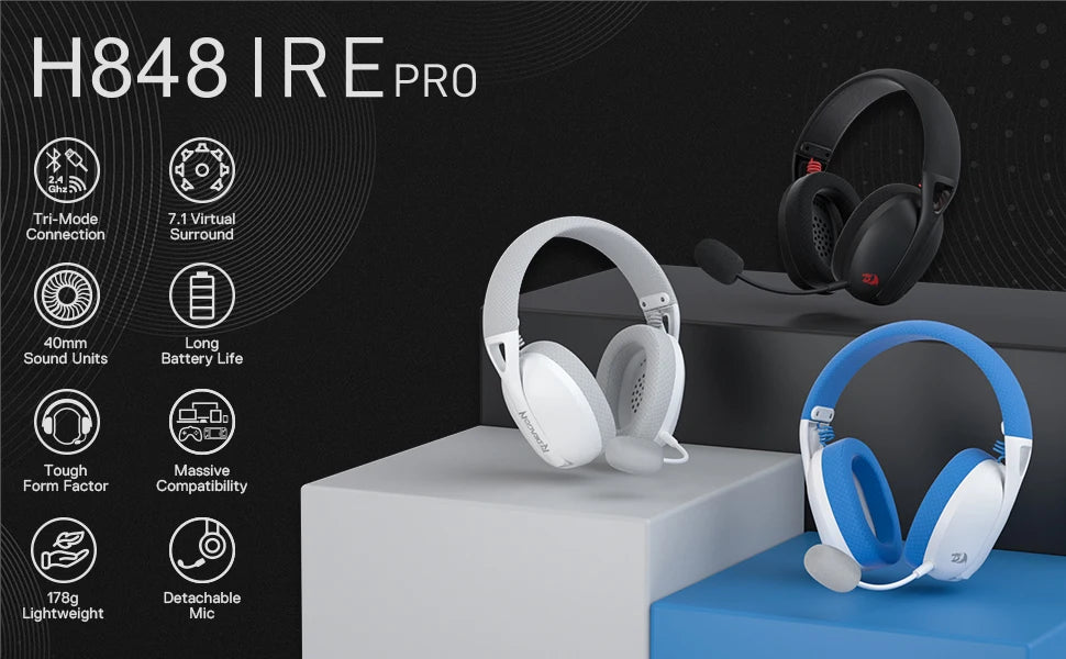 Redragon H848 Wireless Bluetooth Gaming Headset – Lightweight, 7.1 Surround Sound, 40mm Drivers, Detachable Mic