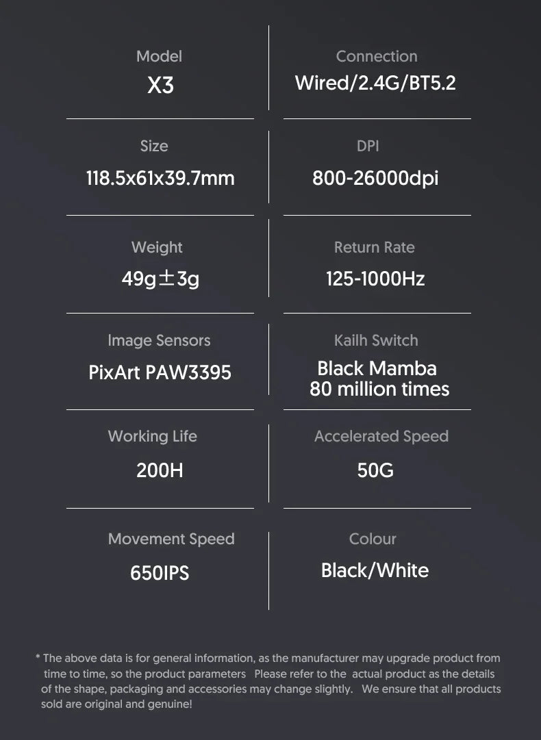 ATTACK SHARK X3 Lightweight Wireless Gaming Mouse – PAW3395 Sensor, 26,000 DPI, Tri-Mode (2.4G/Wired/Bluetooth), Macro Support, Win/Xbox/PS/Mac