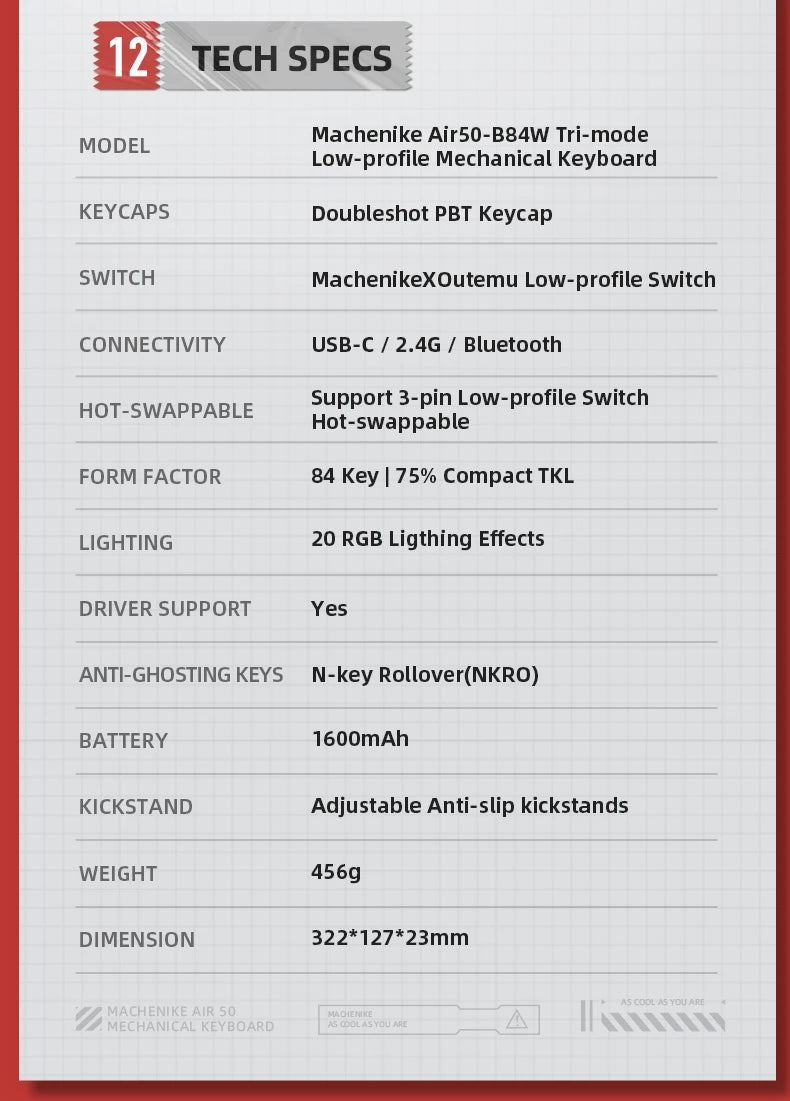 MACHENIKE AIR50 Low-Profile Mechanical Keyboard – 75% Layout, Hot-Swap, RGB Backlit, Tri-Mode, Productivity Keyboard for Laptop & PC