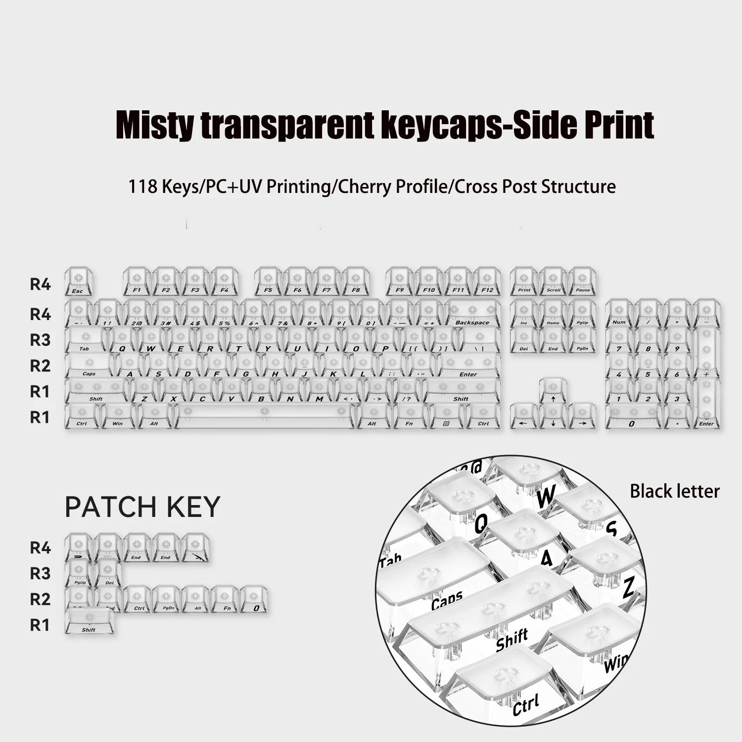 132 Keys Korean Layout Keycaps – Cherry Profile, White Transparent PC Keycaps, UV Printing Crystal Keycaps for MX Switches Gaming Keyboard