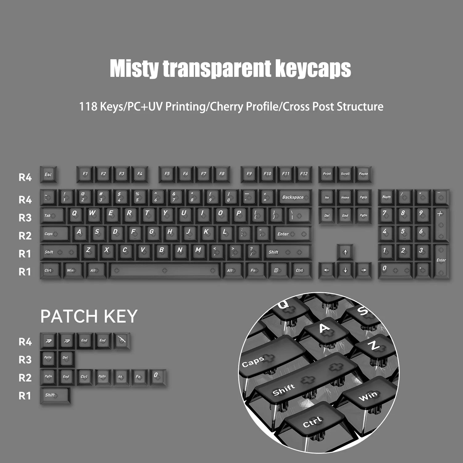 132 Keys Korean Layout Keycaps – Cherry Profile, White Transparent PC Keycaps, UV Printing Crystal Keycaps for MX Switches Gaming Keyboard