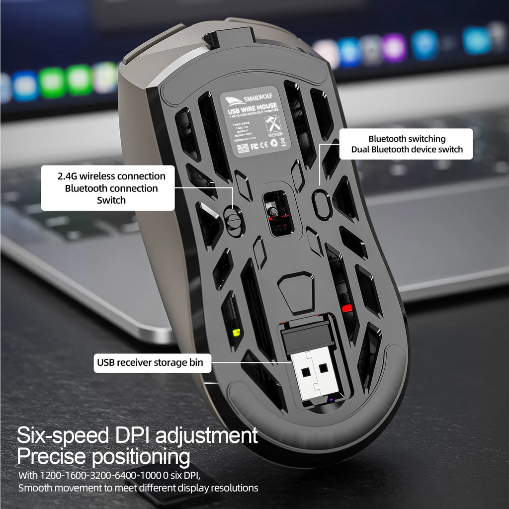 SMAILWOLF RS8 Tri-Mode Gaming Mouse – Bluetooth / 2.4G / Wired, 10,000 DPI, 1,000Hz Polling Rate, Lightweight, Macro Support