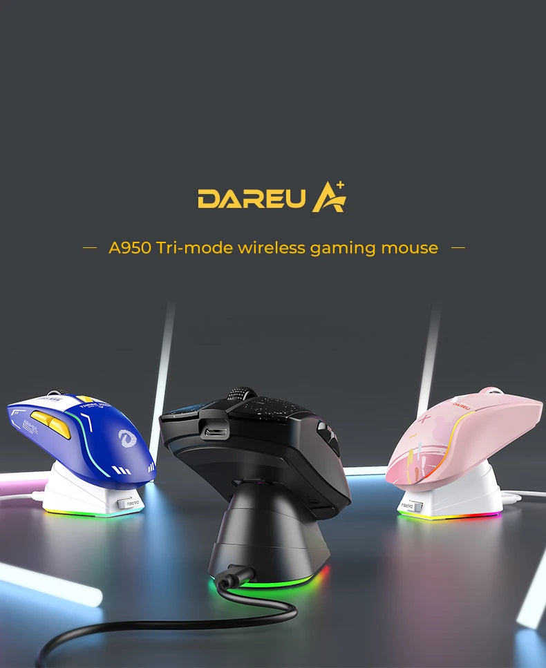 DAREU Tri-Mode Gaming Mouse – Bluetooth / Wired / 2.4G, Charging Base, KBS Buttons, for Laptop & PC Gamers