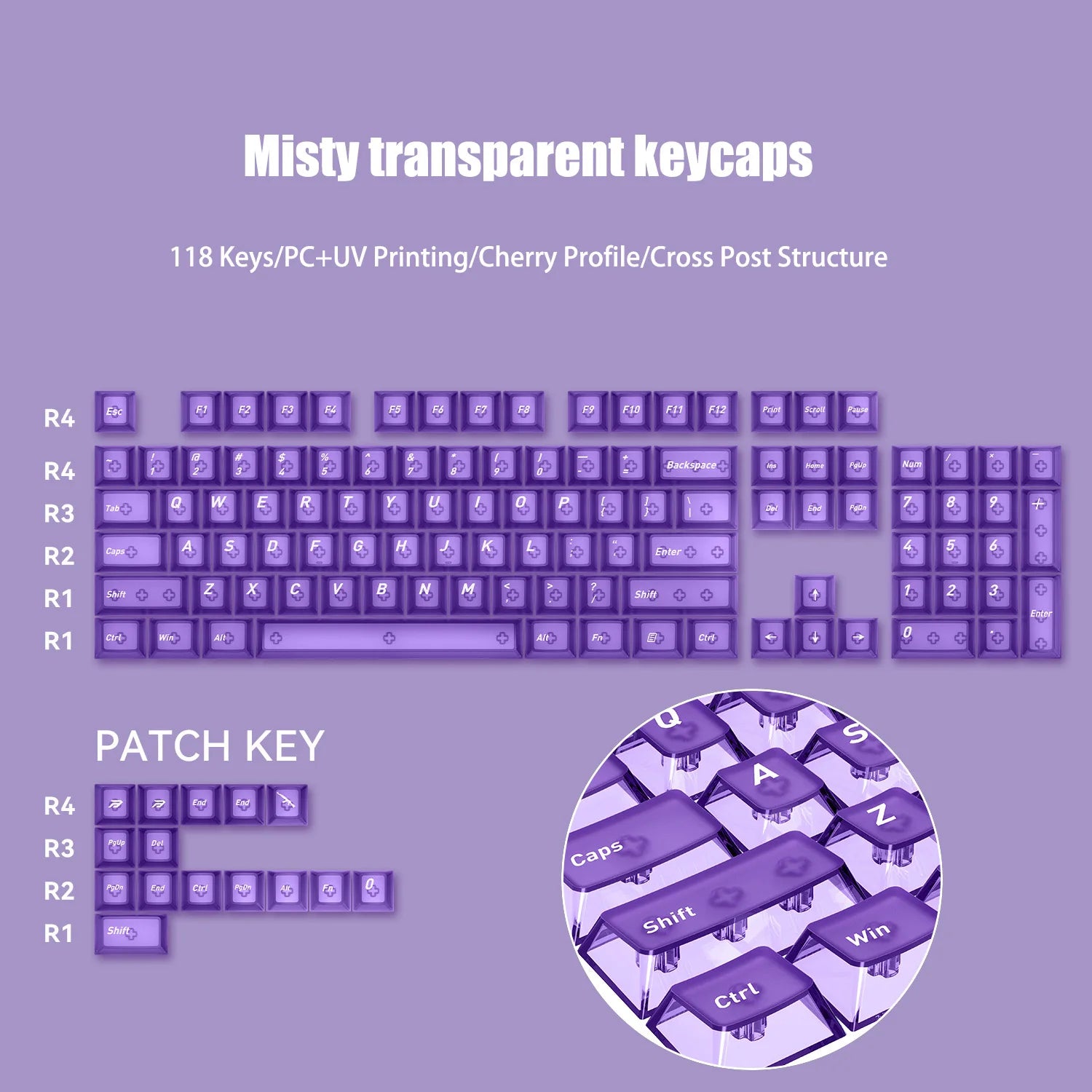 132 Keys Korean Layout Keycaps – Cherry Profile, White Transparent PC Keycaps, UV Printing Crystal Keycaps for MX Switches Gaming Keyboard