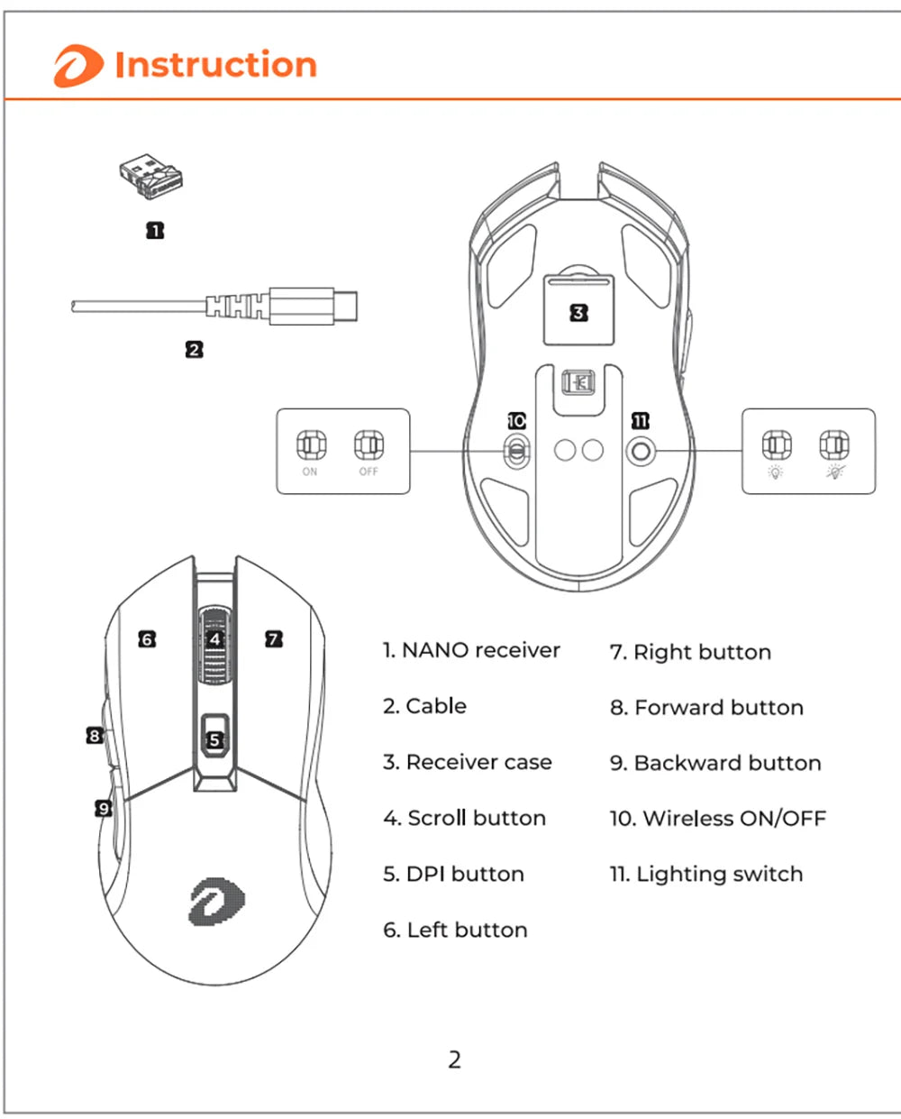 DAREU Dual-Mode Gaming Mouse – 2.4G Wireless & Wired, RGB, 930mAh Rechargeable Battery, Macro Programmable, for PC & Laptop