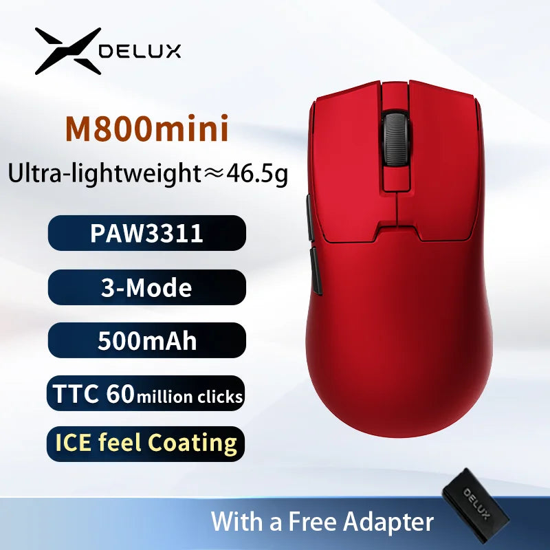 Delux M800 Mini Wireless Gaming Mouse – 46g Ultralight, 2.4G Wireless, RGB, Honeycomb Design, PAW3395/PAW3311, 1KHz Polling, for Small–Medium Hands
