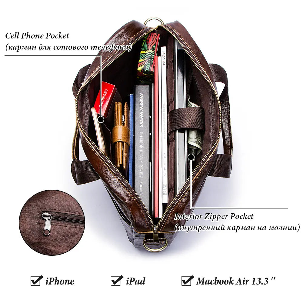 Genuine Leather Men's Briefcase - Portable Business Messenger Shoulder Bag for Laptop & Office Travel