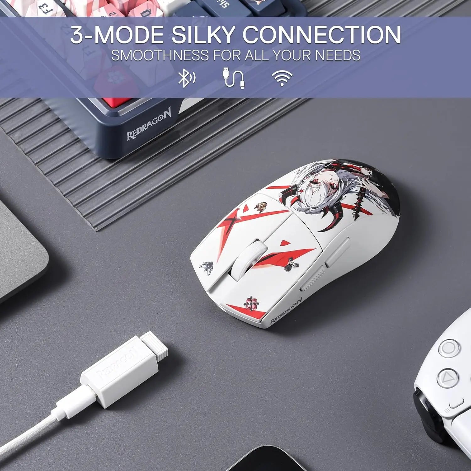 Redragon M916AK PRO Anime Edition Gaming Mouse – 3-Mode Wireless, 42g Ultra-Light, 26K DPI, Fully Programmable Buttons