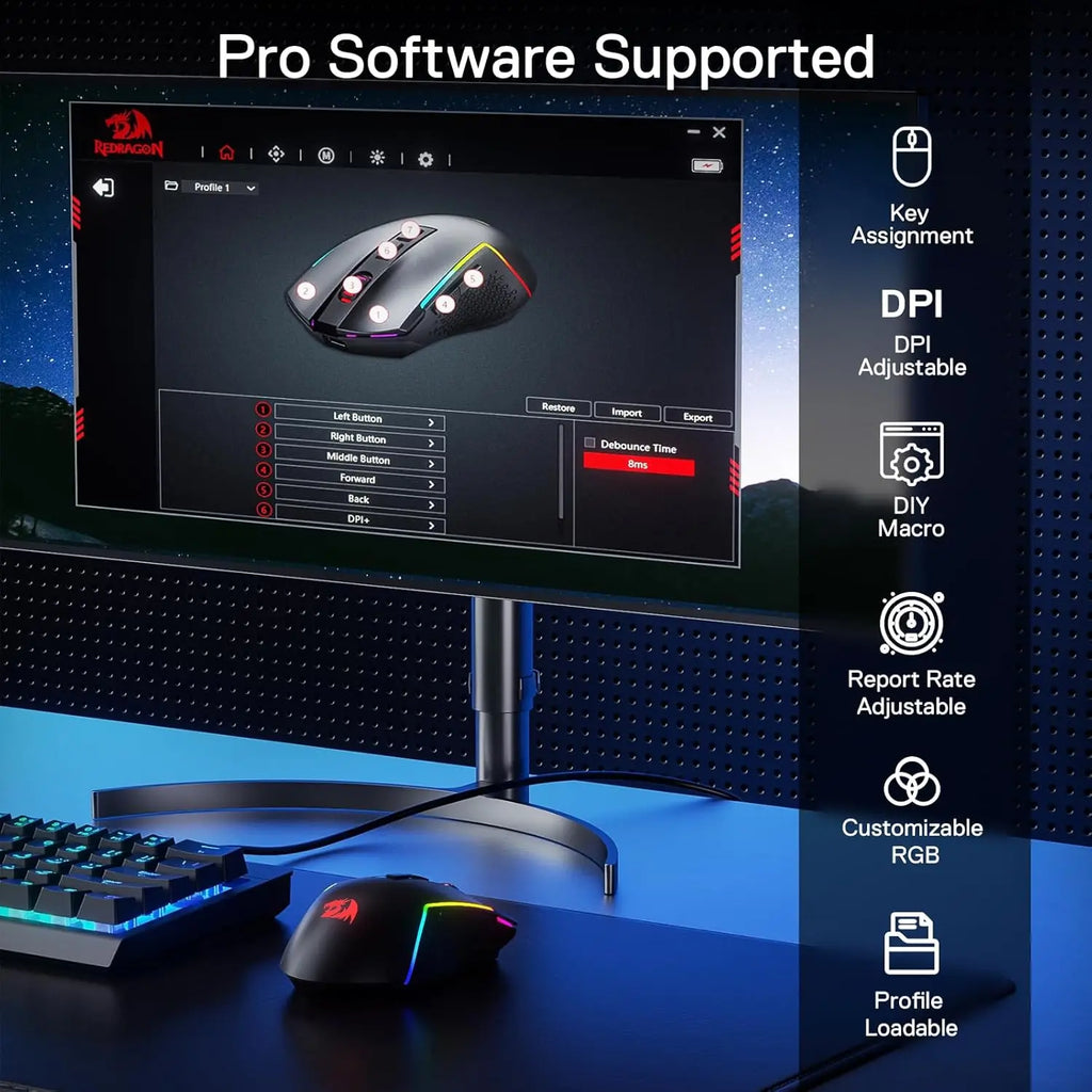 Redragon M693 LIT Wireless Gaming Mouse – 12,800 DPI, 3-Mode Connection (Bluetooth & 2.4G), 7 Macro Buttons