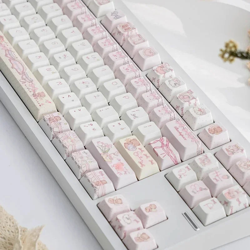Baby’s Dream Pink & White Theme Keycaps – 139 Keys, PBT Cherry Profile SOA, Custom Original Handmade Keycaps for Mechanical Keyboard