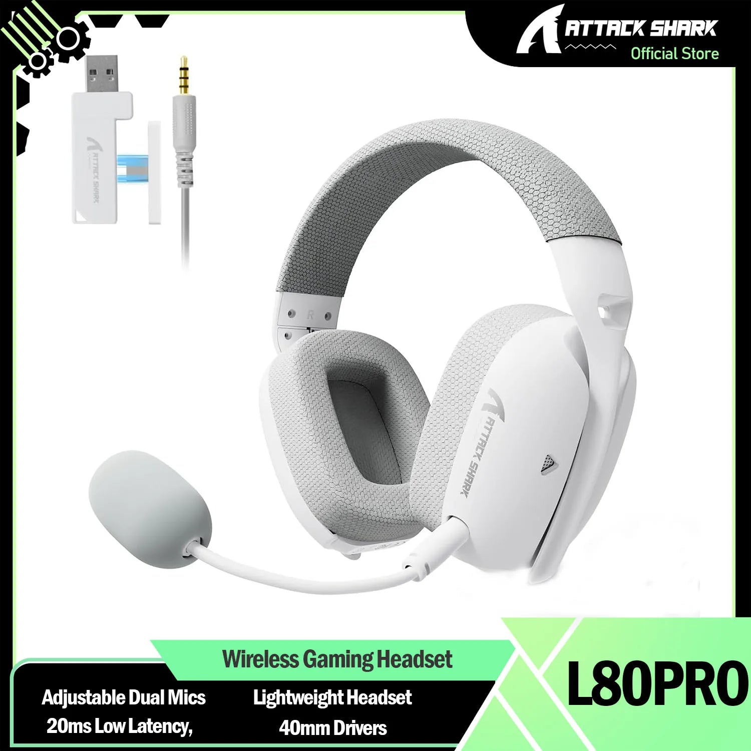 ATTACK SHARK L80 Wireless Gaming Headset – Dual Mics, 20ms Low Latency, 40mm Drivers