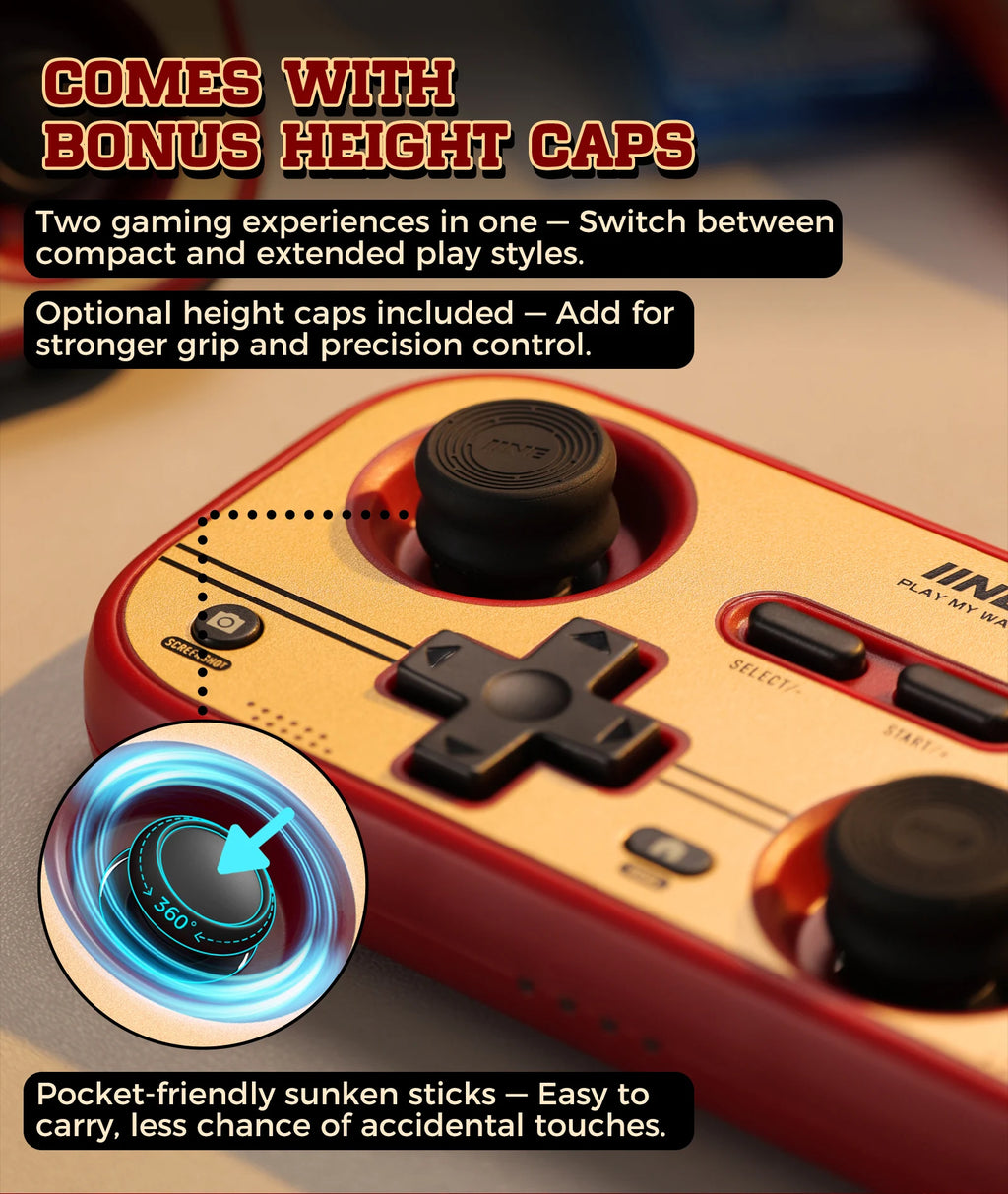 INE Retro Red Pocket Controller - Hall Effect Joysticks, 1000Hz Polling Rate, 6-Axis Gyro, Portable for Switch/PC/Mobile