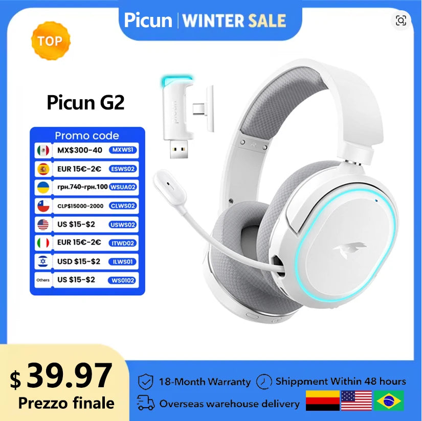 Picun G2 Wireless Gaming Headset – 2.4GHz & Bluetooth, 7.1 Surround, Low Latency, ENC Mic