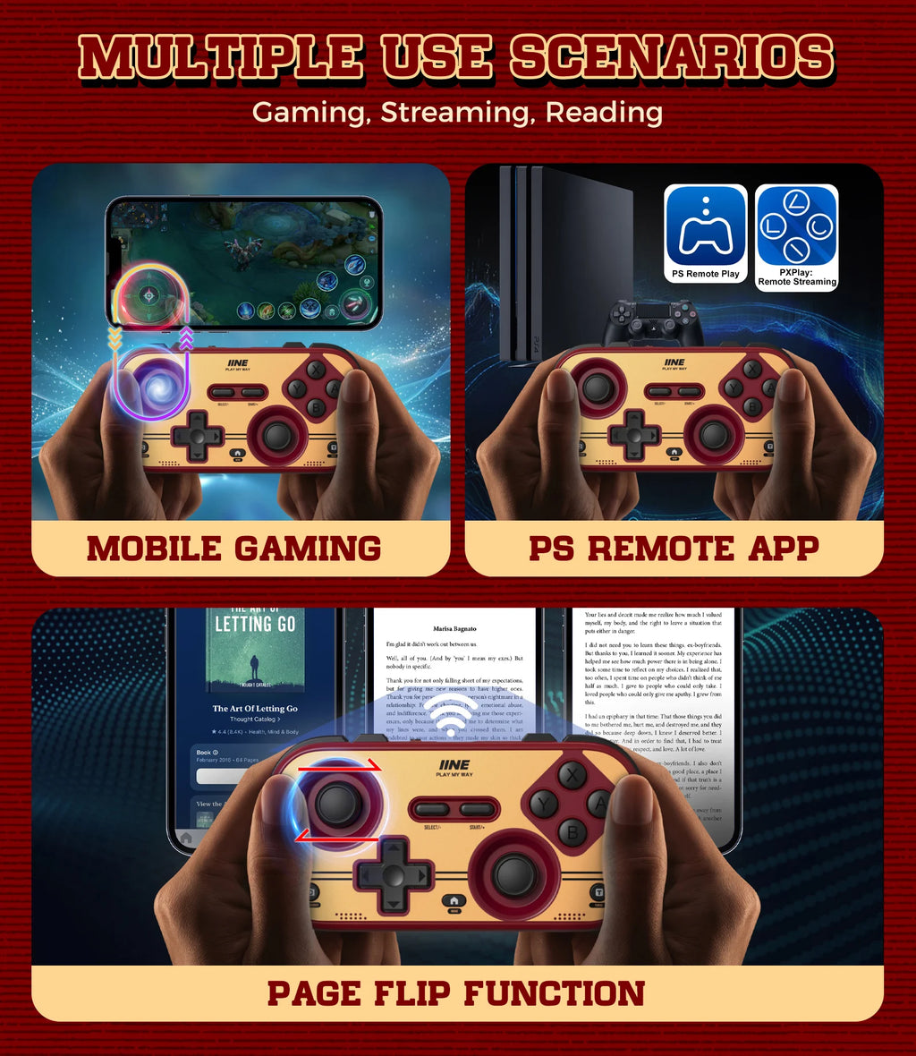 INE Retro Red Pocket Controller - Hall Effect Joysticks, 1000Hz Polling Rate, 6-Axis Gyro, Portable for Switch/PC/Mobile