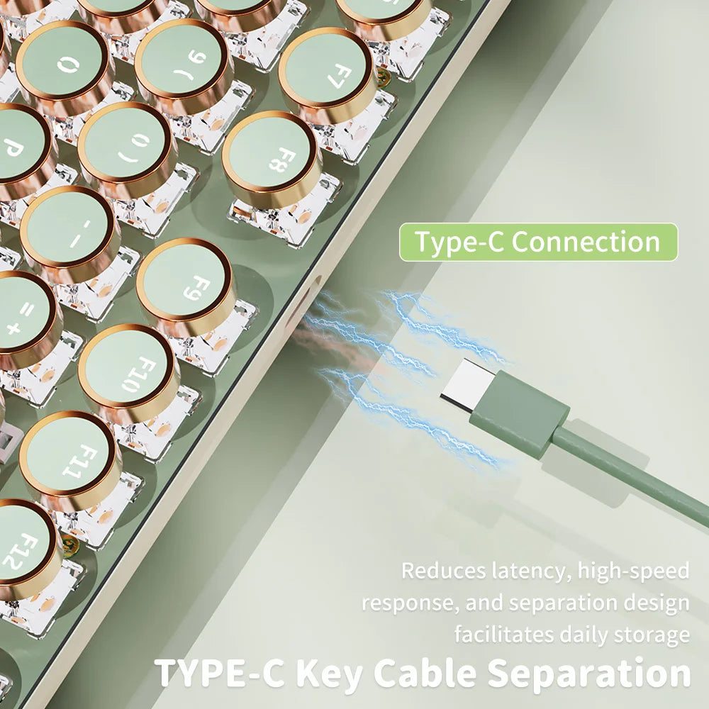 EWEADN V20 Punk Typewriter Mechanical Gaming Keyboard – 104 Keys, Round Keycaps, LED White Backlight, Key-Wire Separation Design