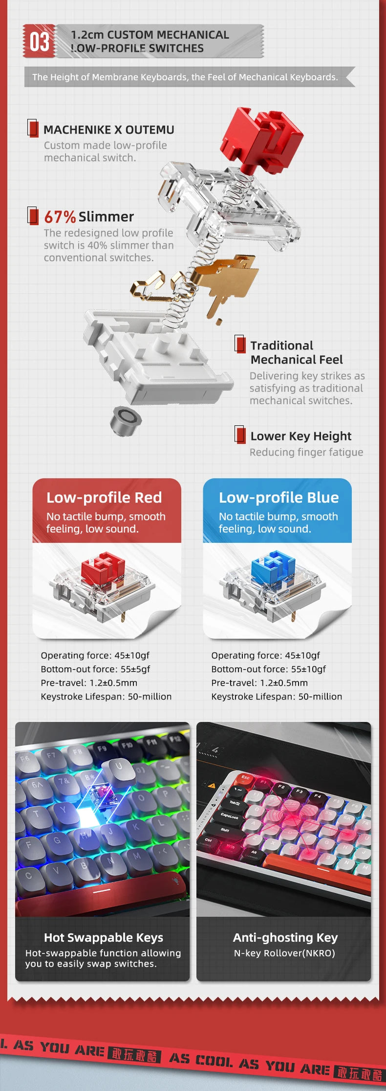 MACHENIKE AIR50 Low-Profile Mechanical Keyboard – 75% Layout, Hot-Swap, RGB Backlit, Tri-Mode, Productivity Keyboard for Laptop & PC