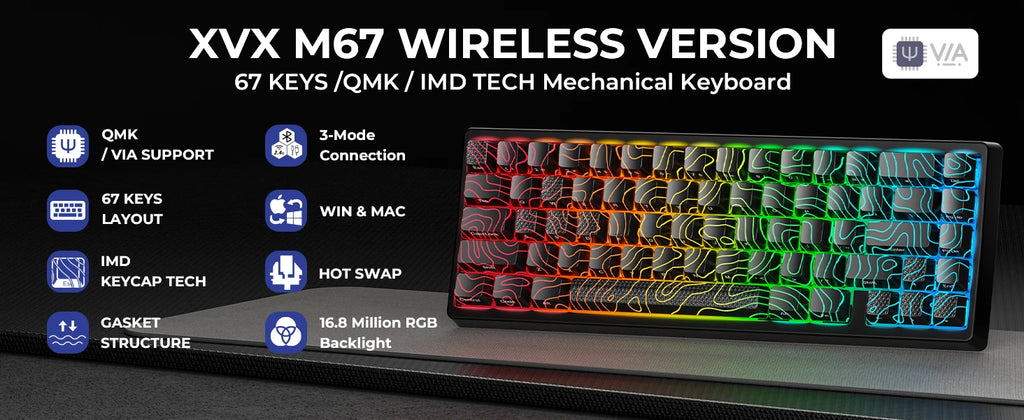 XVX M67 JadeStone Mechanical Keyboard – 65% Layout, IMD-Tech Keycaps, Hot-Swappable, Gasket Mount, Tri-Mode Wireless, Custom RGB