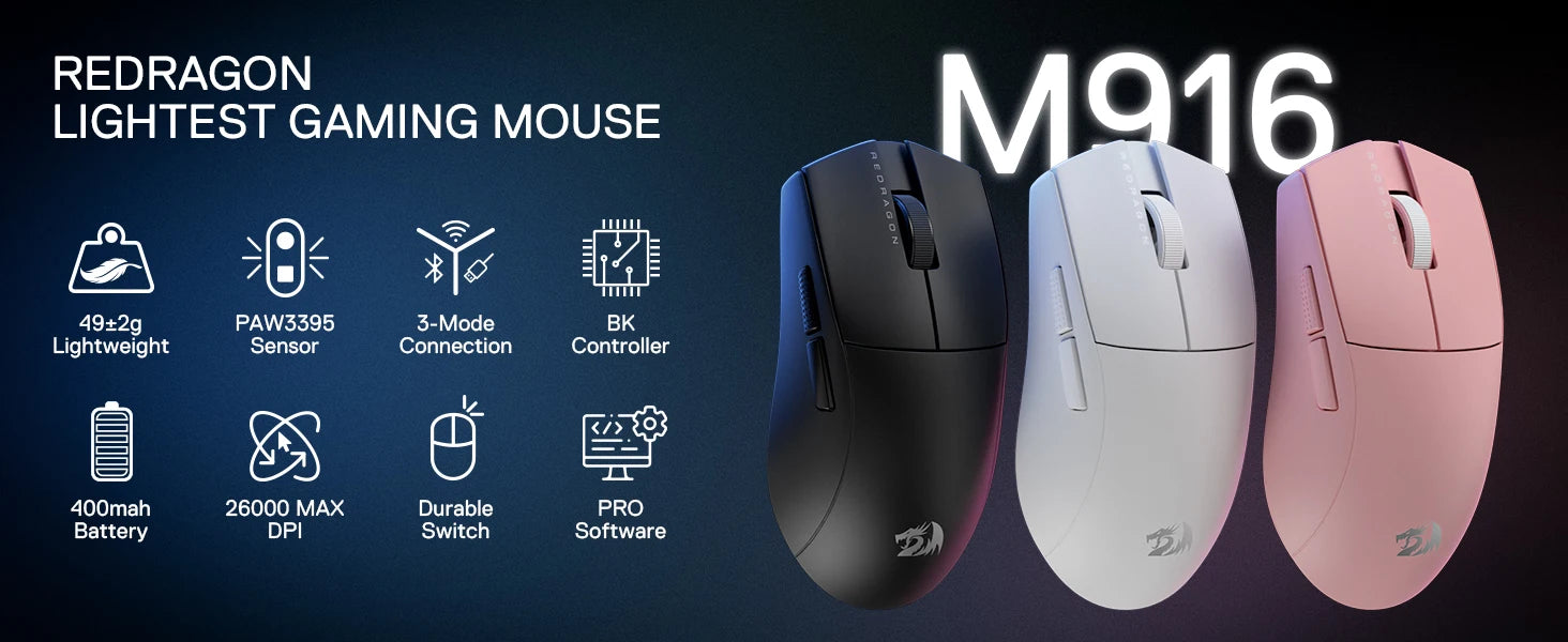 Redragon M916 PRO 3-Mode Wireless Gaming Mouse – 49g Ultra-Light, 26K DPI, Fully Programmable Buttons Gamer Mouse