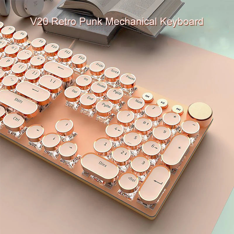 EWEADN V20 Punk Typewriter Mechanical Gaming Keyboard – 104 Keys, Round Keycaps, LED White Backlight, Key-Wire Separation Design